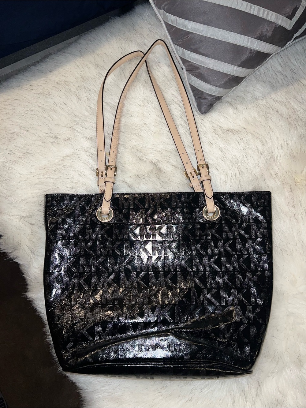 Michael Kors Black MK Logo Patent Tote with Beige Straps